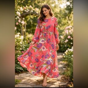 Vintage DVF Silk pink floral maxi dress long sleeve size 0 would fit small